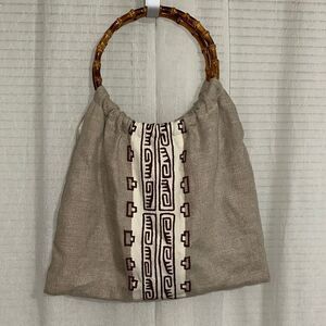 Maya Bags Linen Ivory Brown Hand Embroidered Round Bamboo Handle Bag